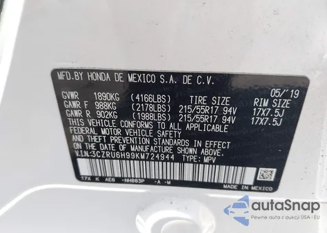 2019 Honda Hr-V Touring из США, поврежденный, VIN 3CZRU6H99KM724944